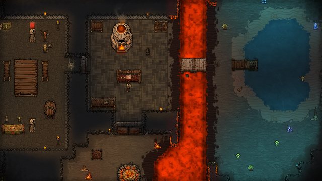 The dungeon at rest: a forge beside a lava river, a stone bridge, and an underground lake with a fishing dock.