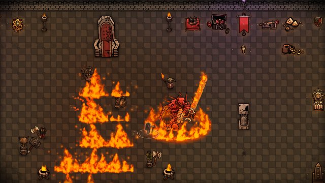 The Cinder Demon, the player's Boss, fights an adventurer party in their throne hall, leaving a trail of fire.