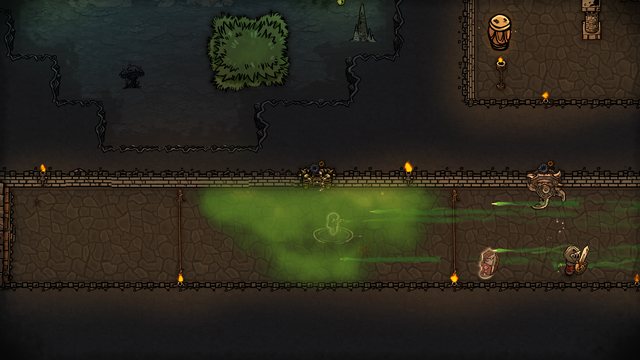 Adventurers walk into the trap corridor: a gas sprayer fills the hall and dart throwers fire from the wall.