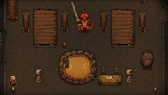 The Cinder Demon stands in the great hall while minions gather at the gambling table and the fighting pit.