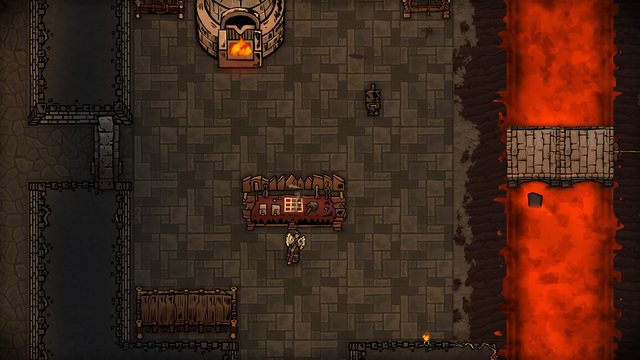 A minion works at a crafting bench in the forge, built on the bank of a lava river.