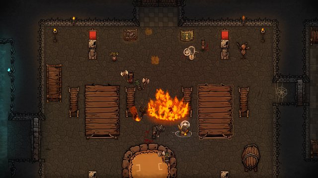 A Fireball explodes in the middle of a melee between minions and invading adventurers in the dungeon's dining hall.