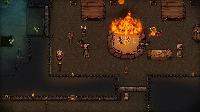 A Fireball erupts over the fighting pit as minions and adventurers clash around it.