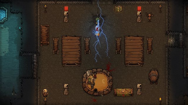 A bolt of Chain Lightning strikes down into the melee in the middle of the dining hall.