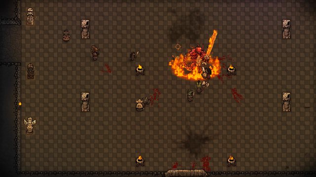 The Cinder Demon, the player's Boss, fights an adventurer party in their hall while their minions join the battle.