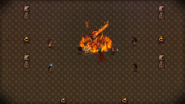 The Cinder Demon swings their burning blade from inside their ring of fire as adventurers close in.
