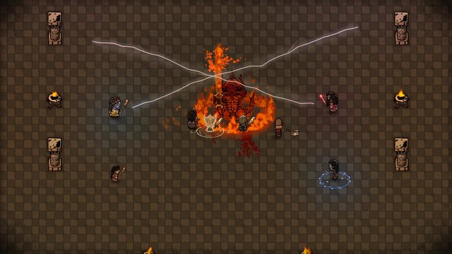 Adventurer casters strike the Cinder Demon with lightning from both sides.