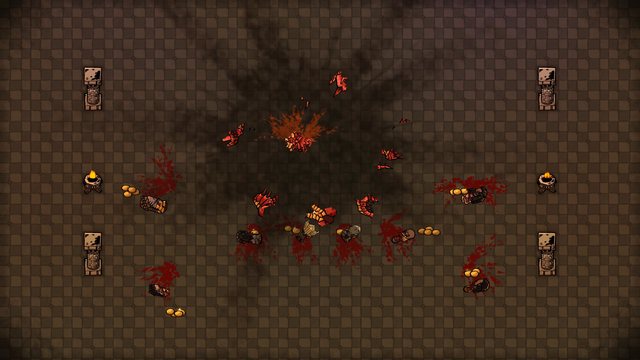 Aftermath: the shattered Cinder Demon and the fallen party lie scattered across the floor among spilled gold.
