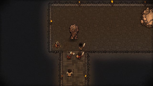 An adventurer party pushes into a stone golem's lair as the golem turns to meet them.