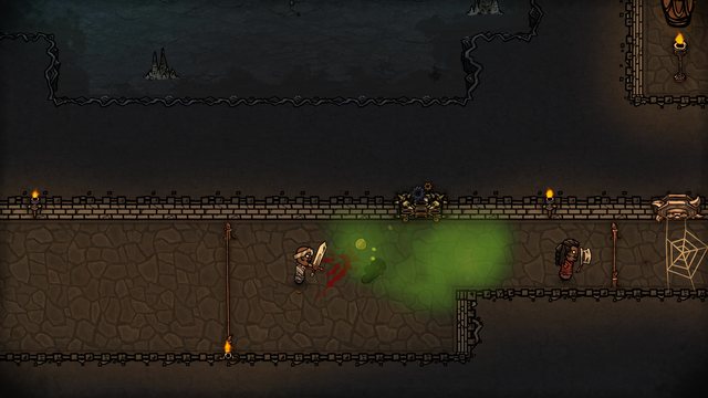 A gas trap floods the corridor; one adventurer has already fallen in the cloud.