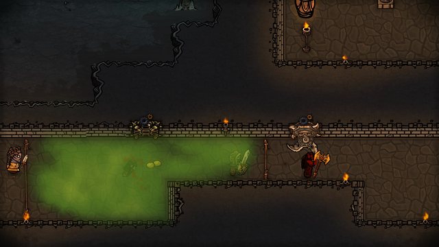 Spinning blades cut down an adventurer as the gas cloud fills the corridor behind him.