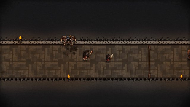 A spider trap in the wall releases its swarm onto two adventurers in a hallway.