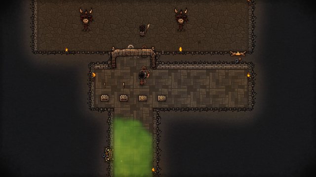 An adventurer reaches the door of the Baleful Eye's hall while the gas trap fills the corridor behind him and minions wait inside.