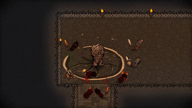 The stone golem's slam leaves a shock ring, cracked floor and fallen adventurers.