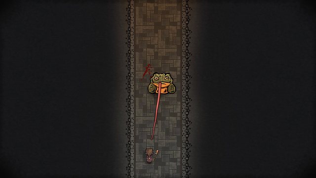 A giant toad shoots its tongue down a stone corridor at an approaching adventurer.