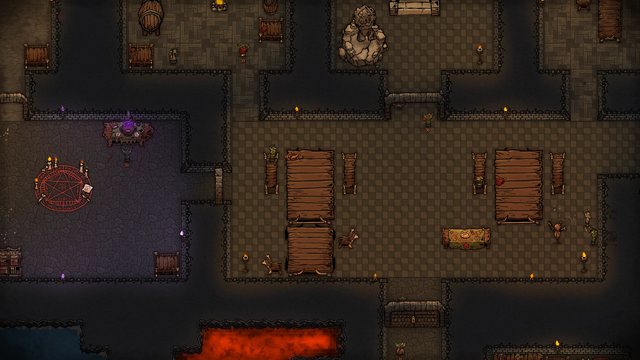 Daily life in the Domain: food on the tables and minions about their work in the dining hall, beside the ritual chamber.