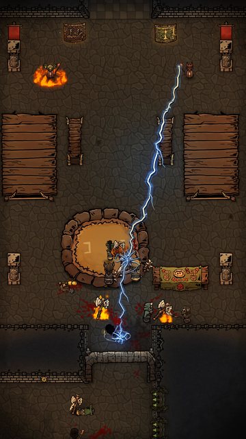 Chain Lightning streaks the length of the dining hall during a battle with adventurers.