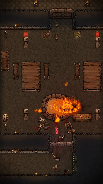 A Fireball bursts over the fighting pit as minions and adventurers clash.