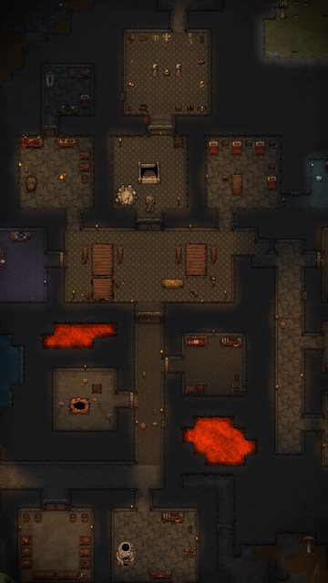 A grown Domain seen from above: halls, workshops, lava and the rooms in between.