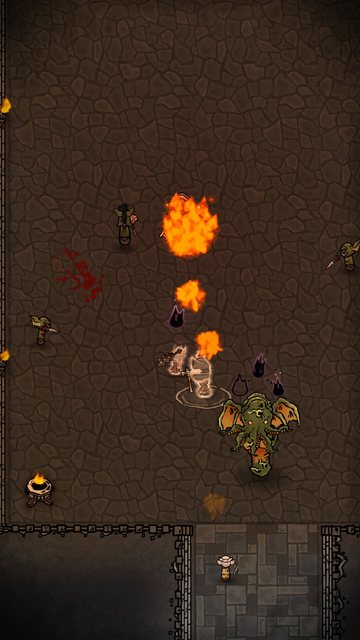 The Sunken Horror, the player's Boss, fights an adventurer party as fire bursts across their hall.