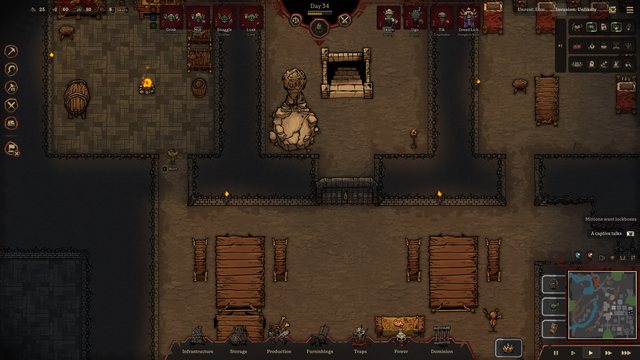The main game screen over the Great Hall: stored resources and the day clock along the top, the pinned crew portraits, the order tools on the left, the build toolbar along the bottom, and the minimap and speed controls in the corner.