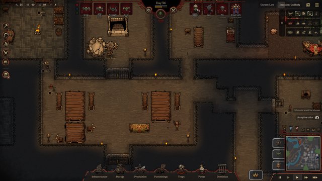 A wider view of a grown dungeon on day 34, with the Great Hall, the Stair Vault, the kitchen and the minion quarters cut into the rock.