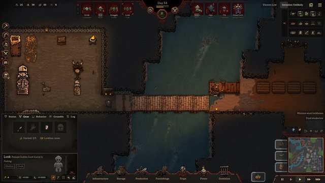 The Gear tab of Lusk, the goblin cook, beside the underground lake and the bridge to the Far Bank: their equipment slots, the load they carry and their lockbox.