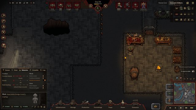 The Behavior tab, where the player sets how a minion fights, flees and heals, and which work it may take.