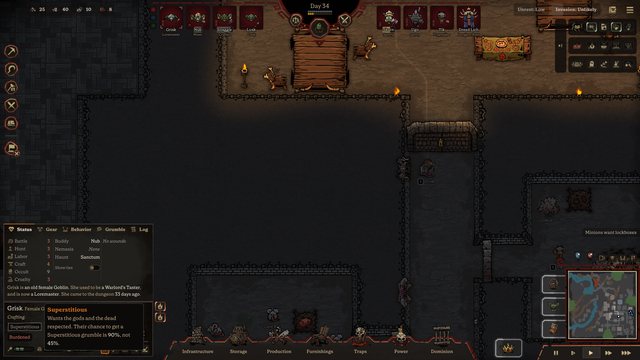 A hover box explains a personality trait: a Superstitious minion wants the gods and the dead respected, and grumbles more often when they are not.