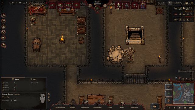 A Stone Golem, a wild creature that lairs in the dungeon, selected beside its cairn in the Stair Vault.