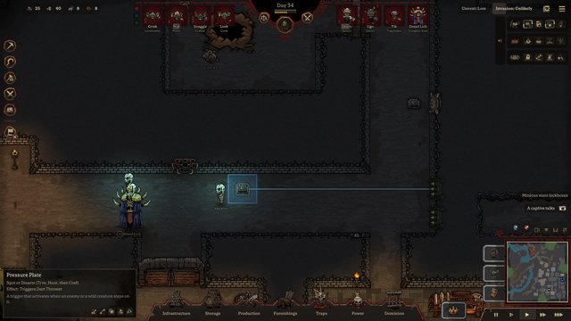 A Pressure Plate selected in the Long Throat shows the wire to the Dart Thrower it fires, while the Dread Lich and their bound skeletons walk the hall.