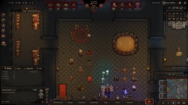 The Dread Lich, the dungeon's Boss, sits on their throne in the Sanctum among their treasure, their phylactery and their bound skeletons.