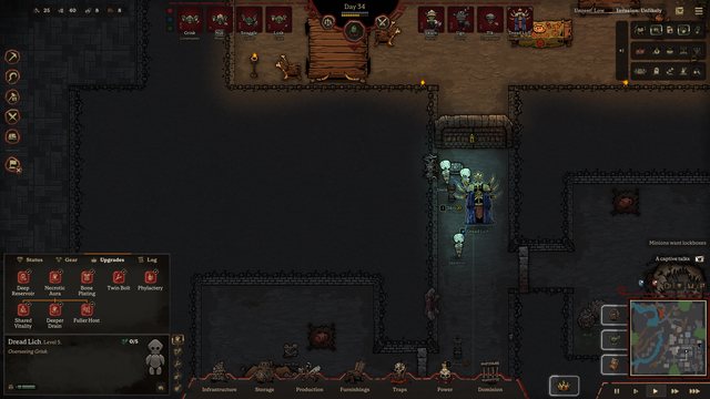 The Boss's Upgrades tab while the Dread Lich and their skeletons walk the dungeon to oversee the minions.