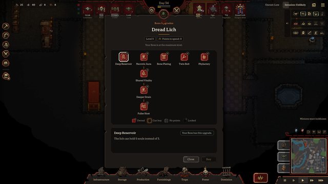 The Boss Upgrades tree of the Dread Lich, with upgrades such as Deep Reservoir, Necrotic Aura and Phylactery.