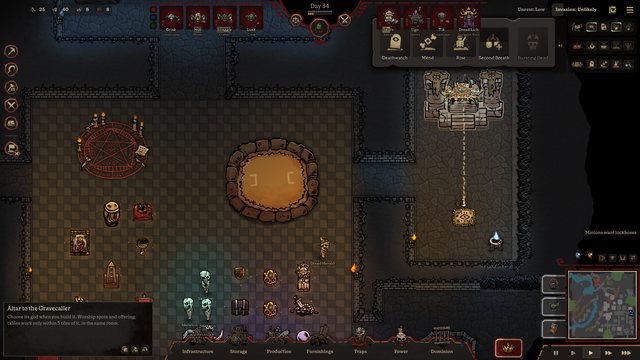 The Altar to the Gravecaller in the Sanctum shrine, with the god's boons along the top of the screen.