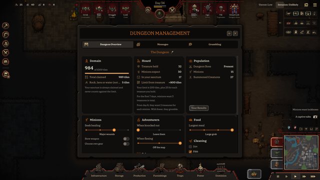 The Dungeon Overview window: the claimed Domain, the hoard, the population and the dungeon-wide rules for minions, adventurers, food and cleaning.