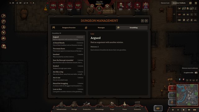 The Grumbling page of Dungeon Management, which lists every complaint in the dungeon and how many minions share it.