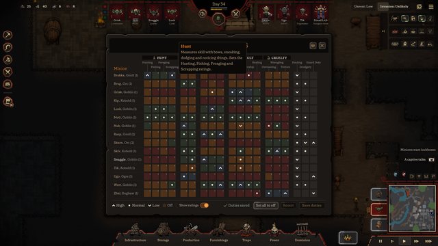 A hover box in Dungeon Duties explains the Hunt stat and the jobs it rates.