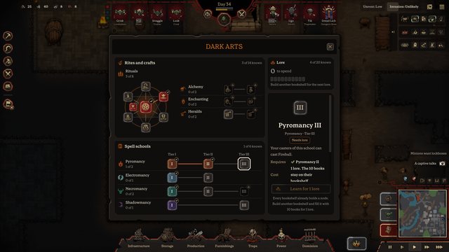 The Dark Arts screen: rites and crafts above, the spell schools below, and the details of Pyromancy III.