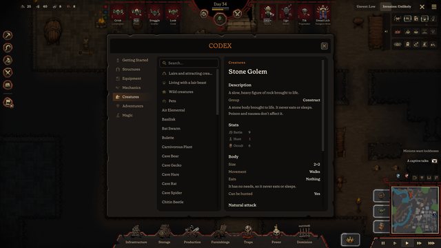 The Codex, the in-game encyclopedia, open on the Stone Golem's page.
