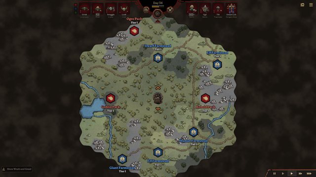 The Overworld page: the dungeon at the center of a hex map, with the farmsteads and the monster packs that the scrying has revealed.