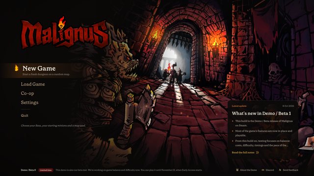 The main menu, with the news card for the latest update.