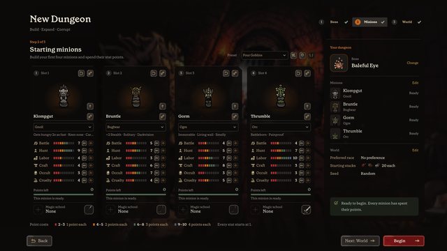 New Dungeon, step 2: the player picks the four starting minions and spends their stat points.