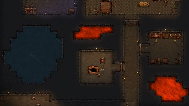 A lava pool, an underground lake and a creature lair, at native art resolution.